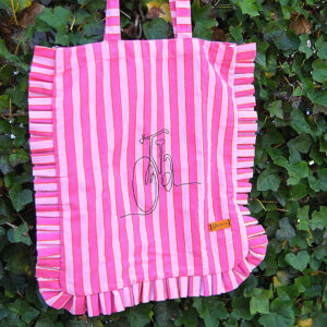 Gestreepte schoudertas met daarop een ontwerp geborduurd